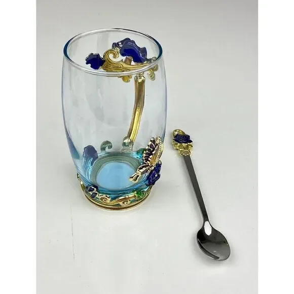 ARC of France Glass Tea Cup w/ Enamel Rose Flower Butterfly, Spoon & Doily BB144 - Picture 8 of 10